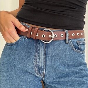 Alstro Faux Leather Flower Studded Belt Brown / Silver